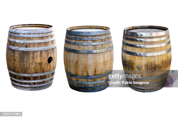 groups old wooden barrel for champagne, wine, whiskey, rum, beer, with steel ring on white background. - beer white background stock-fotos und bilder