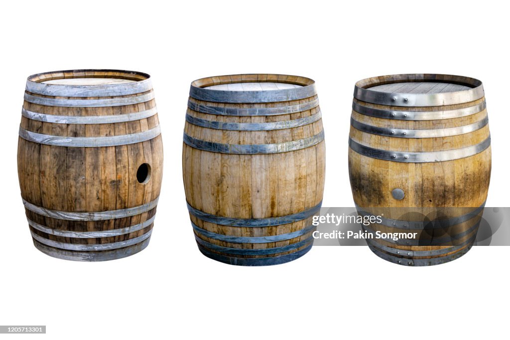 Groups old wooden barrel for champagne, wine, whiskey, rum, beer, with steel ring on white background.