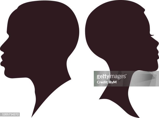 african woman and man face silhouette. pretty african girl and man isolated on white - males stock illustrations