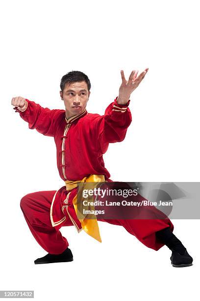 man in traditional chinese clothing doing martial arts - kung fu pose stock pictures, royalty-free photos & images