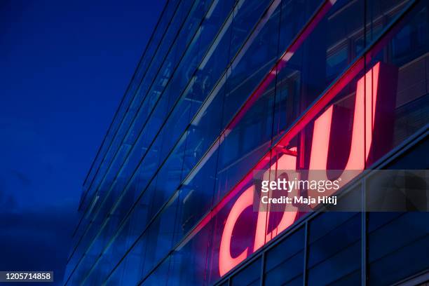The headquarters of the German Christian Democrats stands at twilight on February 12, 2020 in Berlin, Germany. The CDU will seek a new leader...