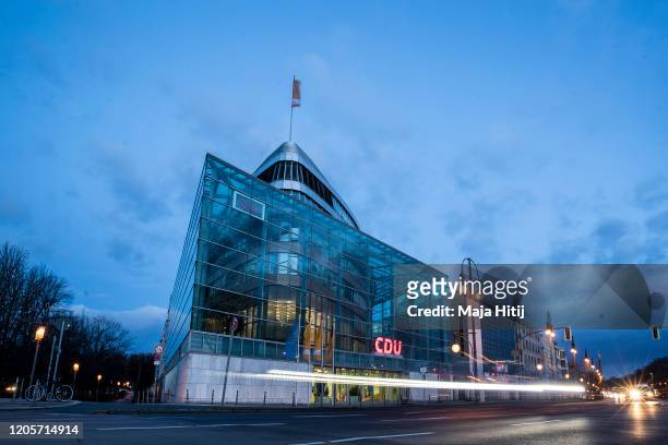 The headquarters of the German Christian Democrats stands at twilight on February 12, 2020 in Berlin, Germany. The CDU will seek a new leader...