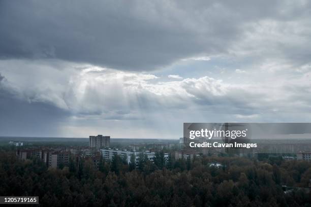 pripyat city in the rain from the roof of a multi-storey building - chernobyl fotografías e imágenes de stock