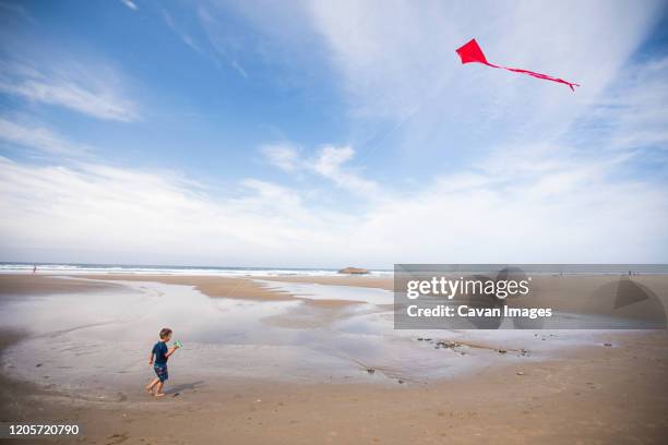 toddler boy flying red kite at beach. - dragon quest stock pictures, royalty-free photos & images