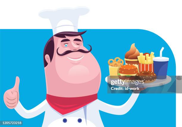 chef holding dish of fast food - restaurant-waiter-uniform stock illustrations