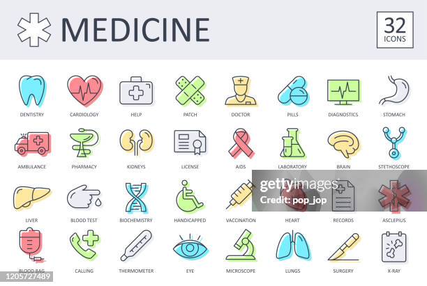 medical icons - thin line color vector. health and medicine - concept symbols stock illustrations