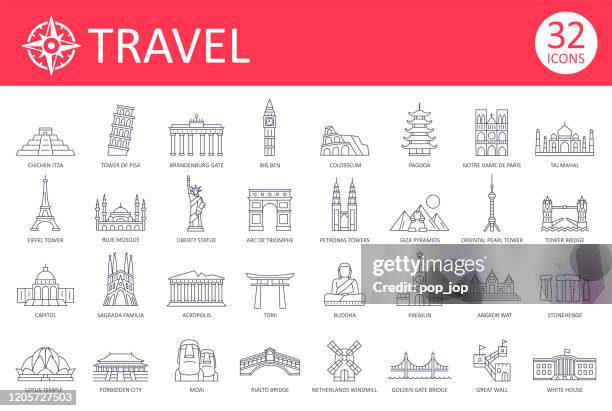 illustrazioni stock, clip art, cartoni animati e icone di tendenza di icone punto di riferimento di viaggio - vettore linea sottile - sagrada familia