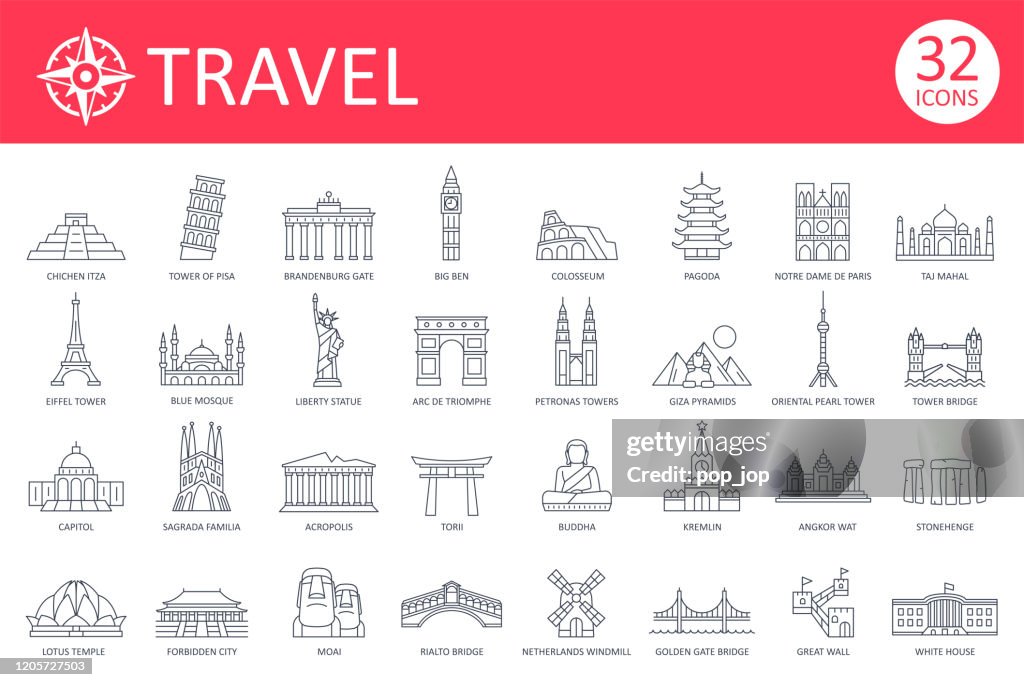 Travel Landmark Icons - Thin Line Vector