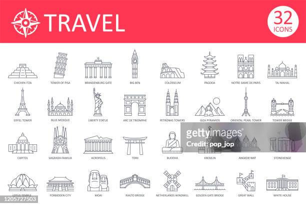 旅行地標圖示 - 細線向量 - 國際名勝 幅插畫檔、美工圖案、卡通及圖標
