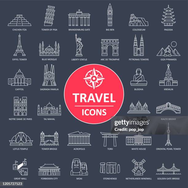 travel landmark icons - thin line vector - venice california stock illustrations