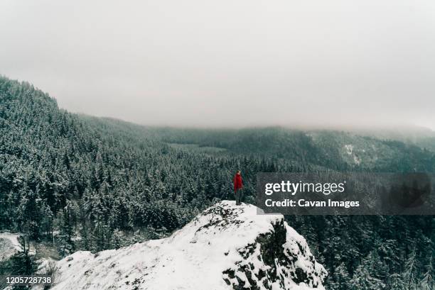 a young woman stands on the top of a snowy point in the columbia gorge - columbia gorge ストックフォトと画像