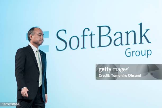 SoftBank Group Corp. Chairman and Chief Executive Officer Masayoshi Son leaves the stage during a press conference on February 12, 2020 in Tokyo,...