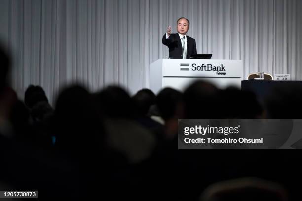 SoftBank Group Corp. Chairman and Chief Executive Officer Masayoshi Son speaks during a press conference on February 12, 2020 in Tokyo, Japan....