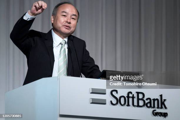 SoftBank Group Corp. Chairman and Chief Executive Officer Masayoshi Son speaks during a press conference on February 12, 2020 in Tokyo, Japan....