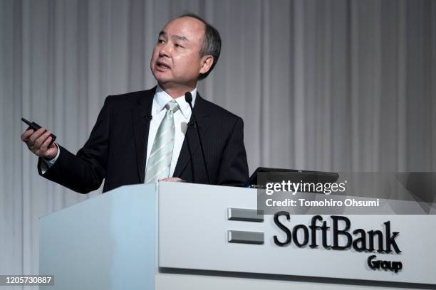 SoftBank Group Corp. Chairman and Chief Executive Officer Masayoshi Son speaks during a press conference on February 12, 2020 in Tokyo, Japan....