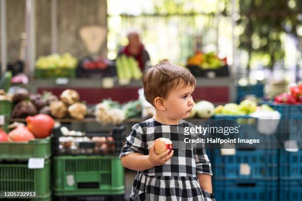 front view portrait of small girl standing outdoors on the street, eating apple. - kids play apple photos et images de collection