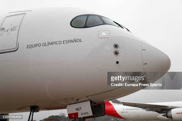 Ilustration, A350 airplane detail during the sign of the sponsorship agreement and the presentation of the Airbus A350 “Comite Olimpico Espanol”...