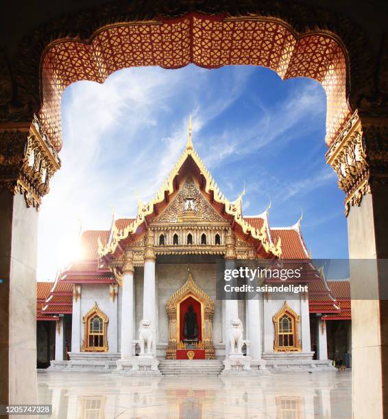 the marble temple or wat benchamabophit dusit wanaram in morning time with sun beam on top of church, famous landmark place for tourist sight seeing in bangkok thailand - wat benchamabophit stock pictures, royalty-free photos & images