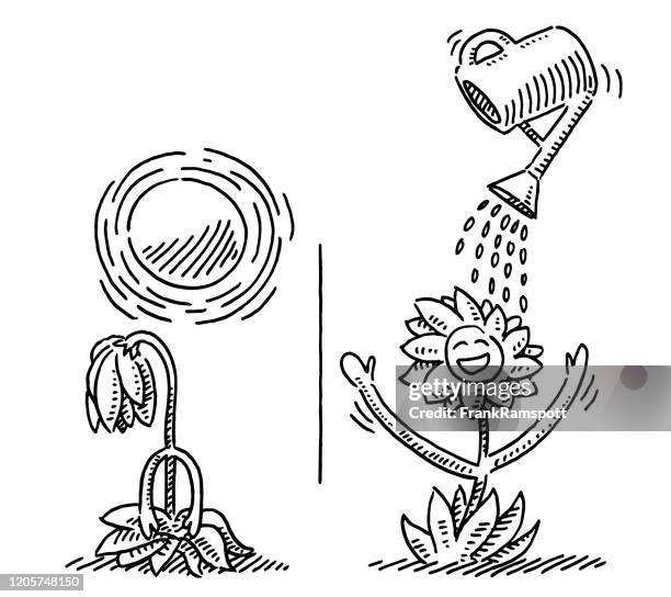 stockillustraties, clipart, cartoons en iconen met vergelijking cartoon flower aridity en watering tekening - arid climate