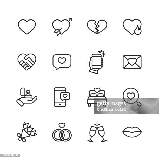 valentine's day and love icons. editable stroke. pixel perfect. for mobile and web. contains such icons as heart, love, emotion, bed, champagne, flowers, wedding, engagement ring, lips, card. - wedding icon stock illustrations