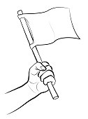 Waving white flag. Male hand with symbol or signal for surrender, capitulation, conceding victory or offering peace. Isolated comic vector illustration on white.