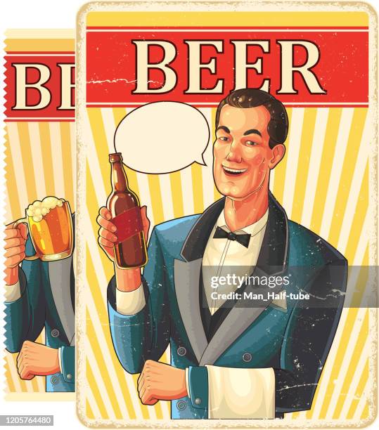 illustrazioni stock, clip art, cartoni animati e icone di tendenza di uomo vintage con bottiglia di birra e bicchiere pieno di birra - 1950s style