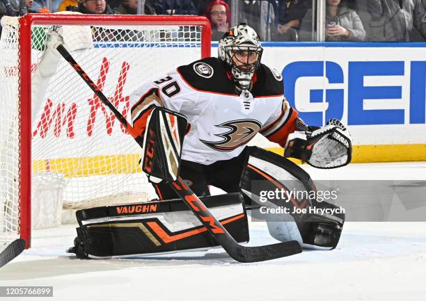 Ryan Miller of the Anaheim Ducks tends goal during an NHL game against the Buffalo Sabres on February 9, 2020 at KeyBank Center in Buffalo, New York....
