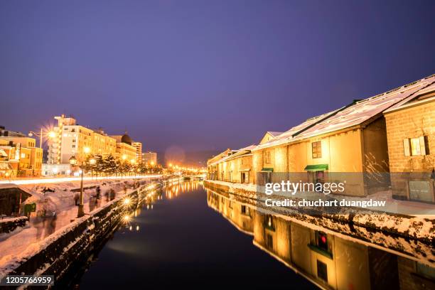 otaru canals in winter and snow, otaru, hokkaido, japan - hokkaido city stock pictures, royalty-free photos & images