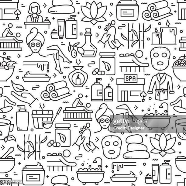 spa elements seamless pattern and background with line icons - moisturizer texture stock illustrations