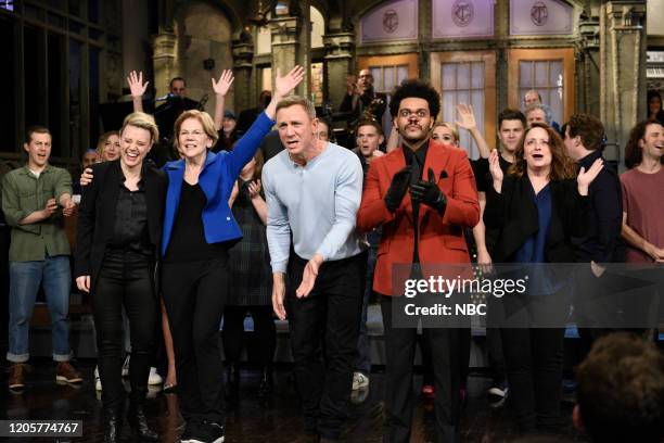 Daniel Craig" Episode 1782 -- Pictured: Kate McKinnon, senator Elizabeth Warren, host Daniel Craig, musical guest The Weeknd, and Rachel Dratch...