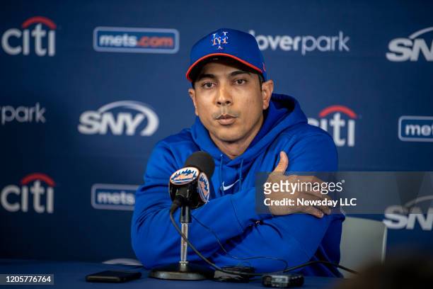 Port St. Lucie, Florida: New York Mets manager Luis Rojas speaks at a press conference during spring training on February 11, 2020 at Clover Park in...