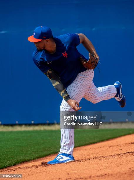 Port St. Lucie, Florida: New York Mets pitcher Dellin Betances throws during a spring training workout on February 11, 2020 at Clover Park in Port...
