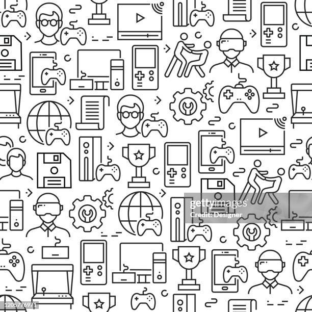 video games related seamless pattern and background with line icons - gamepad stock illustrations