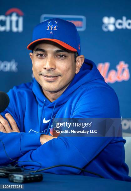 Port St. Lucie, Florida: New York Mets manager Luis Rojas speaks at a press conference during spring training on February 11, 2020 at Clover Park in...