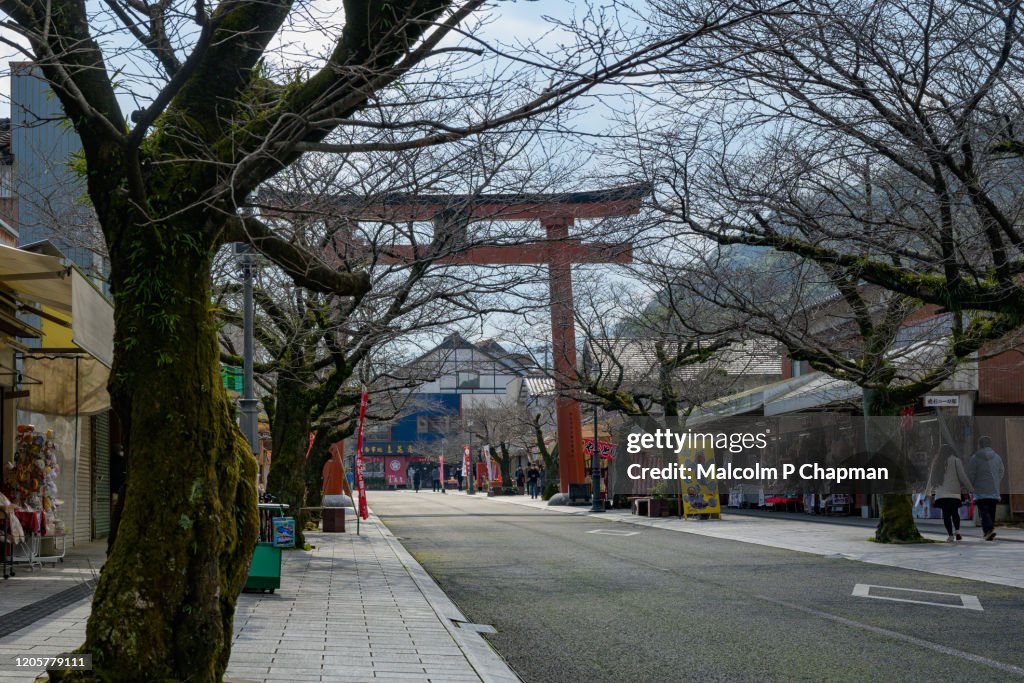 Large Torii gate in Furueda at the approach to Yutoku Inari Shinto Shrine, Kashima, Saga, Kyushu, Japan