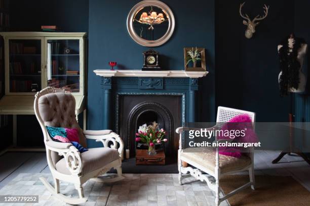 fashionable living room interior - blue living room stock pictures, royalty-free photos & images