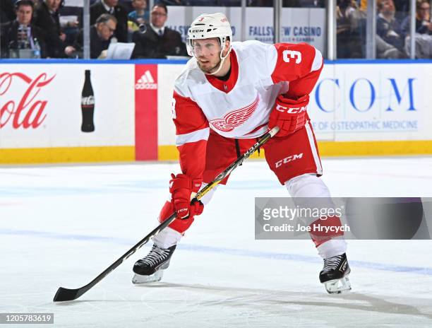 Alex Biega of the Detroit Red Wings prepares for a face-off during an NHL game against the Buffalo Sabres on February 11, 2020 at KeyBank Center in...