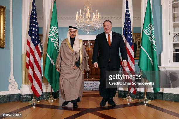 Saudi Arabia Foreign Minister Faisal bin Farhan Al Saud and U.S. Secretary of State Mike Pompeo pose for photographs in the Treaty Room before...
