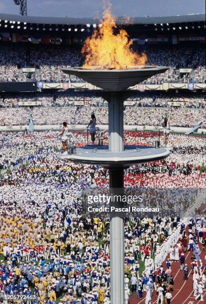 The Olympic flame is lit during the Opening Ceremony of the XXIV Summer Olympic Games on 17th September 1988 at the Seoul Olympic Stadium in Seoul,...