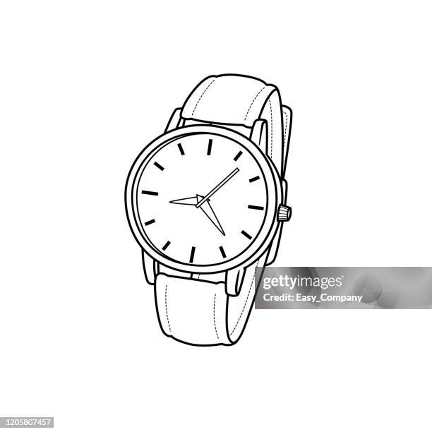 ilustraciones, imágenes clip art, dibujos animados e iconos de stock de ilustración vectorial del reloj de mano aislado sobre fondo blanco para niños libro para colorear. - correa