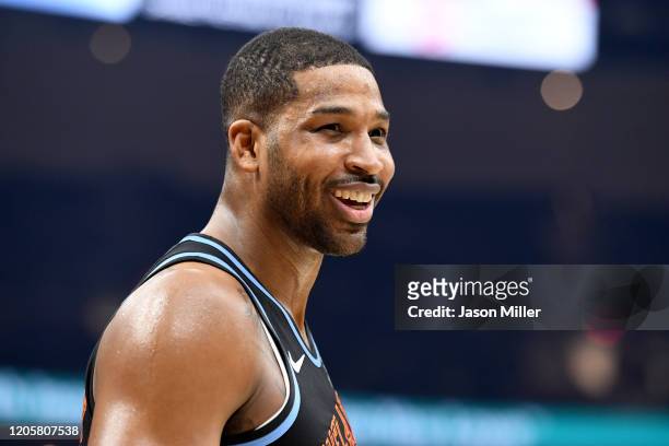 Tristan Thompson of the Cleveland Cavaliers reacts to the LA Clippers bench during the first half at Rocket Mortgage Fieldhouse on February 09, 2020...