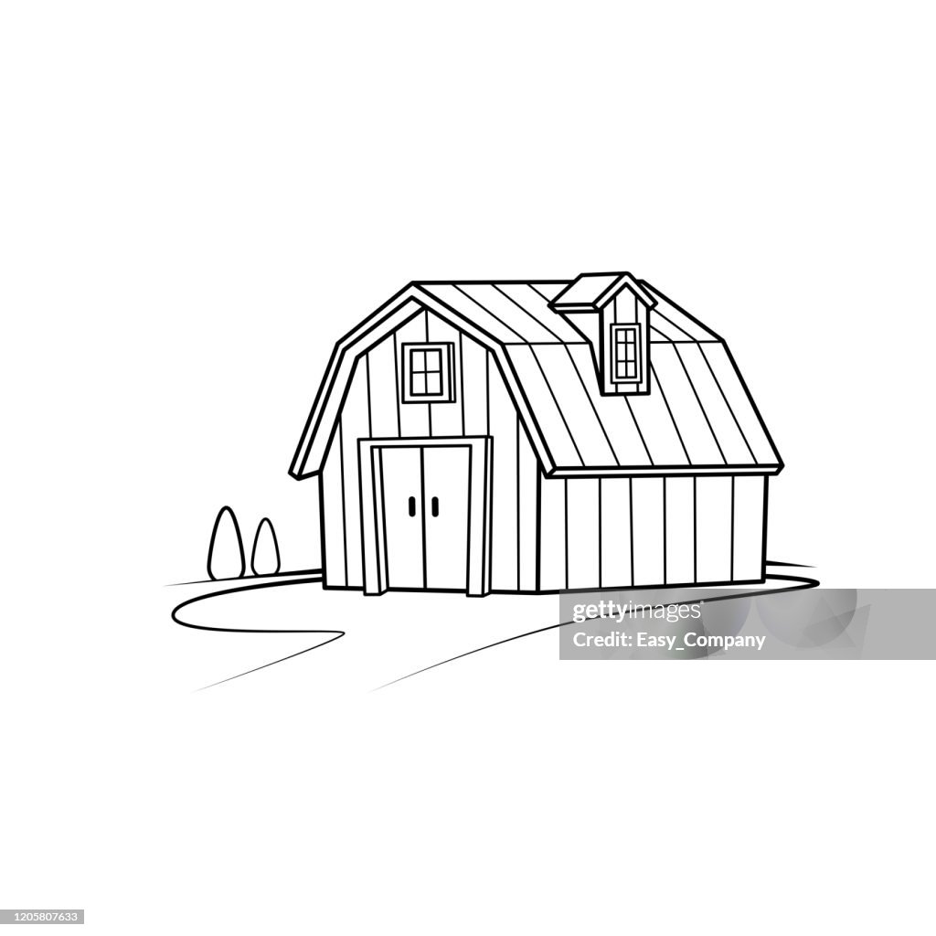 Vector illustration of farm barn isolated on white background for kids coloring book.