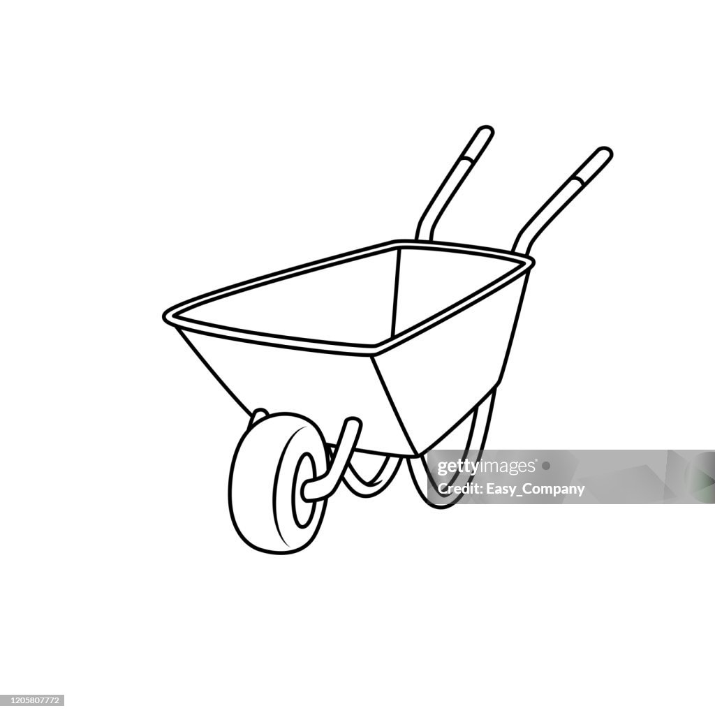 Vector illustration of wheelbarrow isolated on white background for kids coloring book.
