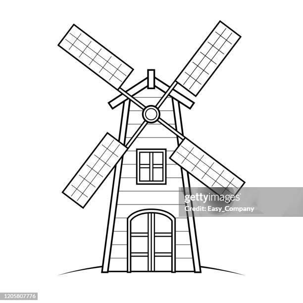 ilustraciones, imágenes clip art, dibujos animados e iconos de stock de ilustración vectorial de molino de viento aislado sobre fondo blanco para niños libro para colorear. - molino de viento