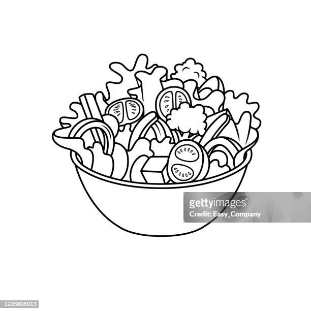 vector illustration of salad isolated on white background for kids coloring activity worksheet/workbook. - salad bowl stock illustrations