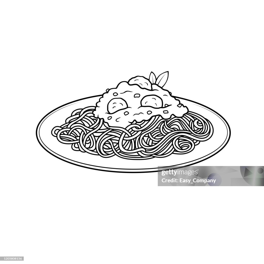 Vector illustration of spaghetti isolated on white background for kids coloring activity worksheet/workbook.