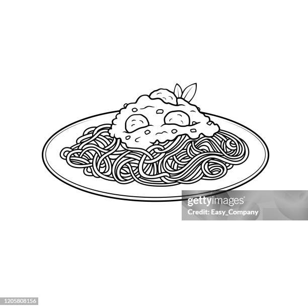 vector illustration of spaghetti isolated on white background for kids coloring activity worksheet/workbook. - noodles eating stock illustrations