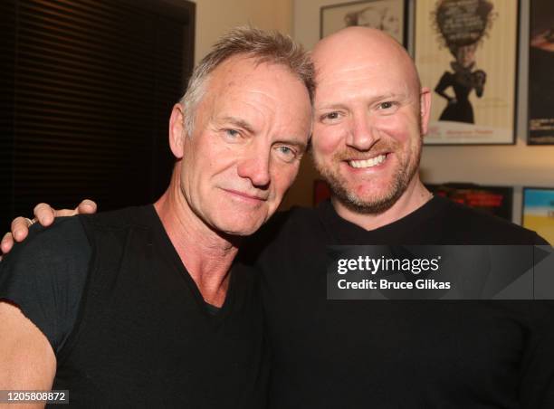 Sting and Matthew Stocke pose backstage at the musical "The Last Ship" at The Ahmanson Theatre on February 11, 2020 in Los Angeles, California.