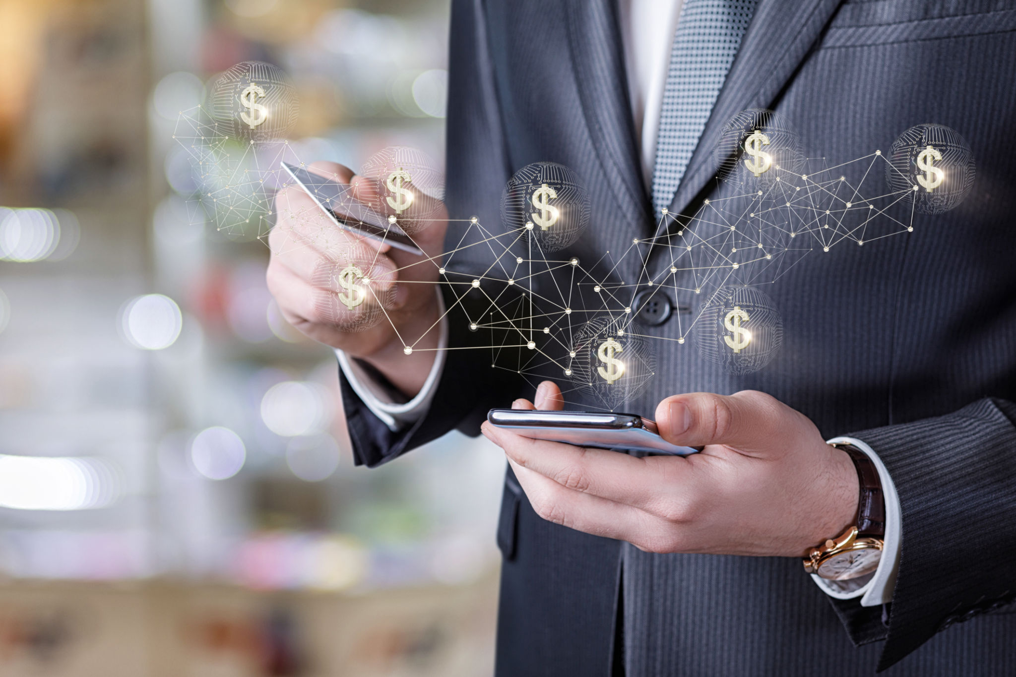 Businessman works on the phone online with payment systems. Businessman works on the phone online with payment systems.