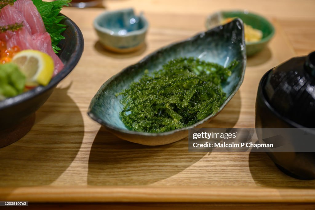 Okinawan Cuisine - Sea Grapes, Umibudo, severed in Naha, Okinawa, Japan
